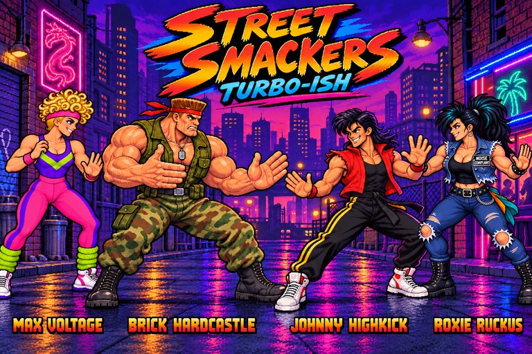 Street Smackers Turbo-ish cover art: Max Voltage, Brick Hardcastle, Johnny Highkick and Roxie Ruckus